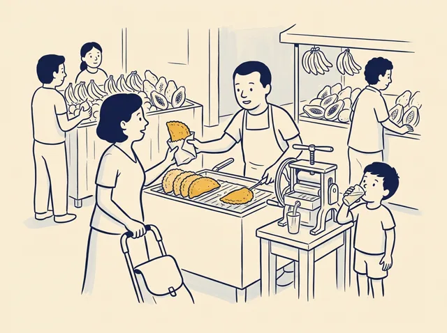 Numa feira livre, o vendedor entrega um pastel a uma mulher, e um menino toma caldo de cana. Só os pastéis estão em cor, amarelos.