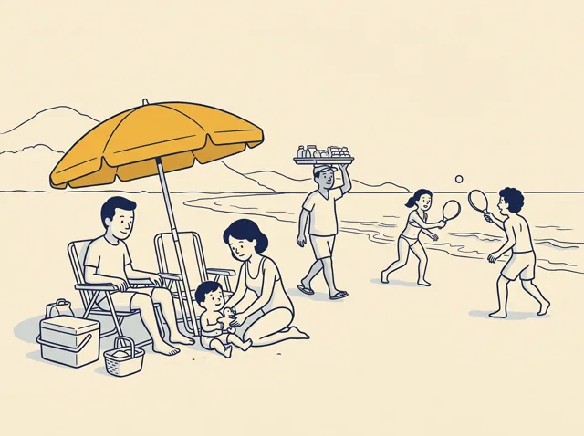 Na praia, uma família descansa sob o guarda-sol, e duas pessoas jogam frescobol. Só o guarda-sol está em cor, amarelo.