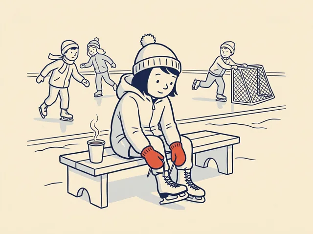 Numa pista de gelo, uma menina amarra os patins sentada num banco. Só as luvas dela estão em cor, vermelhas.