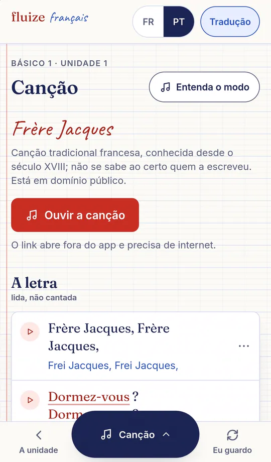 Tela real do modo Canção no celular