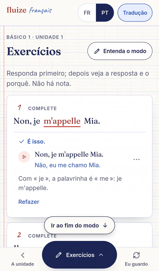 Tela real do modo Exercícios no celular