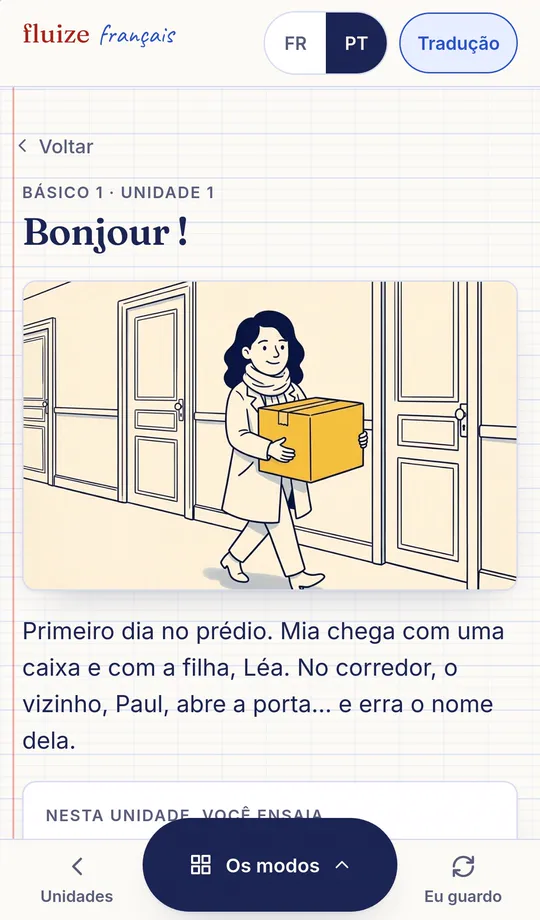 Tela real da unidade 1 no celular: o título, o primeiro quadro e o resumo da cena
